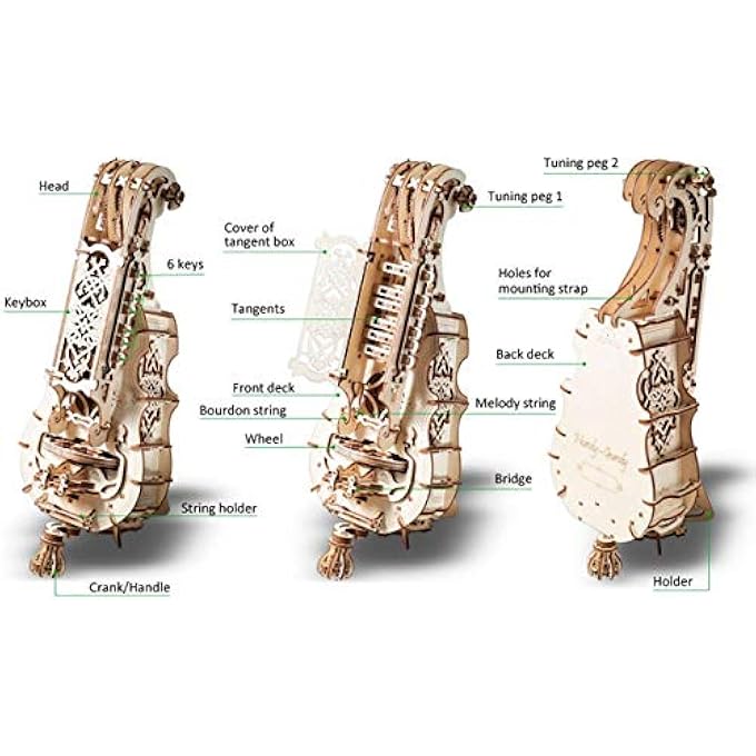 MADE IN EUROPE, 3D WOODEN PUZZLE HURDY GURDY KIT, MUSICAL INSTRUMENT MECHANICAL MODEL KIT, DIY, SELF-ASSEMBLY, WOODCRAFT CONSTRUCTION TOY, PERFECT FOR GIFTING, NO GLUE NEEDED, UGR-70030 - Image 2